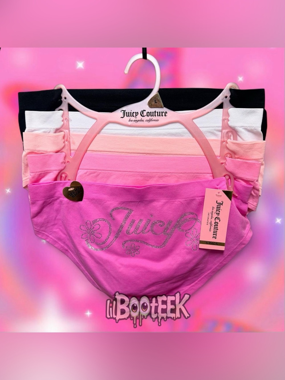 Juicy Couture Panties 5 Pack Pink White Black LG w Floral Rhinestone Logo Y2K